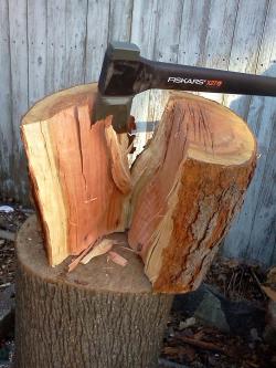 Splitting wood with axe